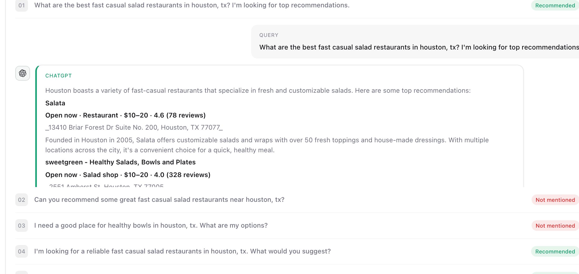 Brightwill query evidence showing real AI responses